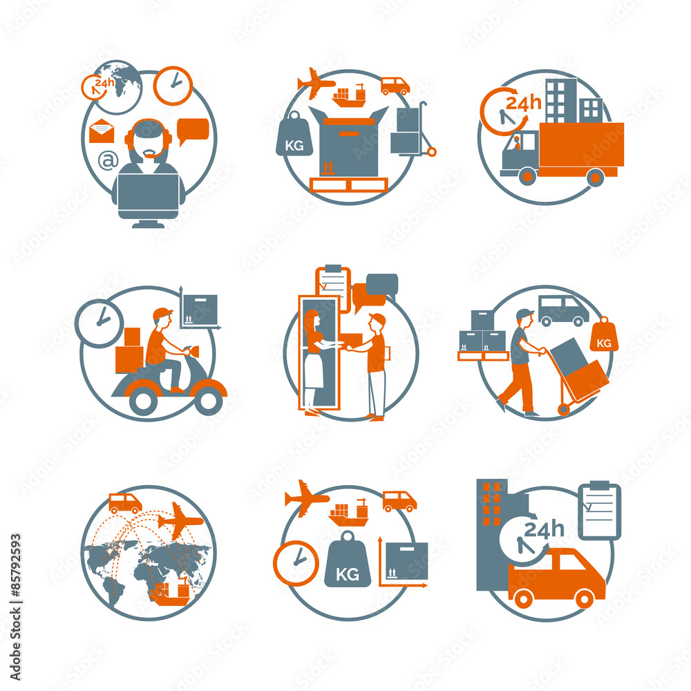 Sticker Logistic circle grey orange icons set