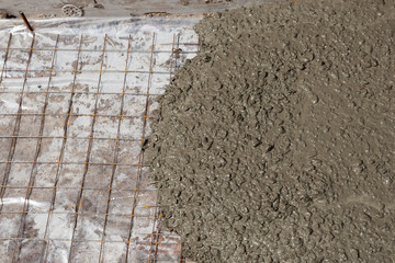 Rebar grids in a concrete floor during a pour