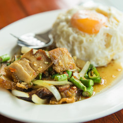 Kale with crispy pork and rice, food