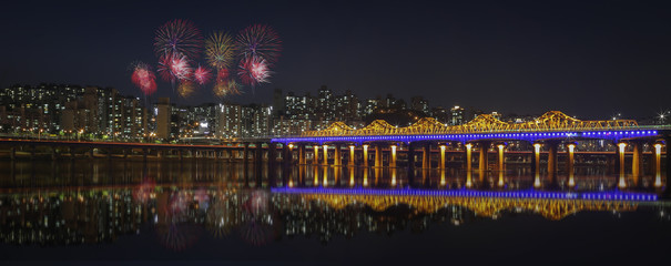 Han River and Bridge in Seoul, South Korea.