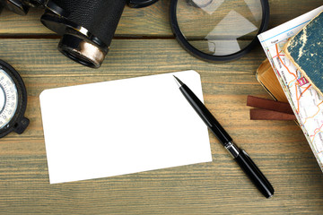 traveling equipment camera binoculars letters and postcard