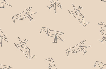 Vector seamless pattern with japanese origami black linear raven birds silhouettes.