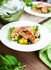 Frischer salat mit puten streifen und mango