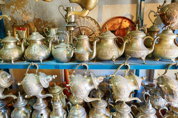 Selection of traditional teapots on Moroccan market
