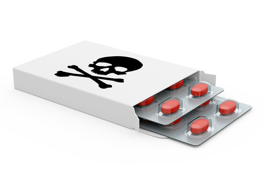 Schachtel mit roten Tabletten und einem Totenkopf