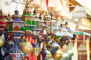 Selection of traditional lamps on Moroccan market
