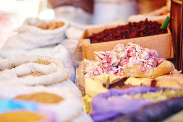 Selection of garlic on a traditional Moroccan market