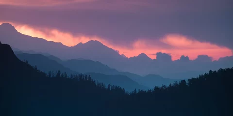 Foto op Canvas Panoramic Himalayan hills and mountains topped with a colorful dramatic sky. © Jankovoy