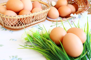 Eggs in the basket on wallpaper background