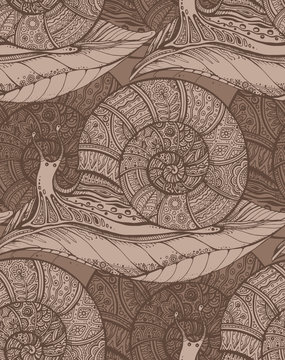 Seamless pattern with decorative ornamental snails.