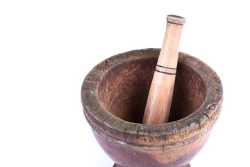 wooden mortar and pestle isolated on white background