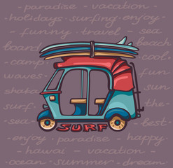 Obraz premium Tuk tuk with surfboards. Surfing vacation.