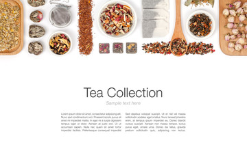 large tea selection on white background