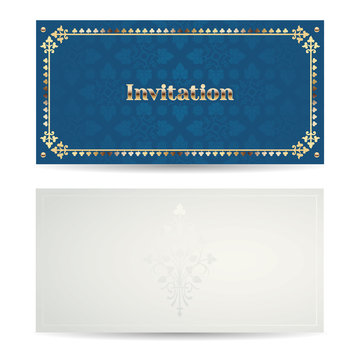 Vector vintage luxury horizontal invitation with a beautiful pattern and border. Front and back side. 