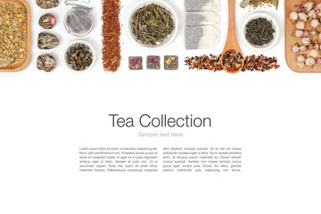 large tea selection on white background
