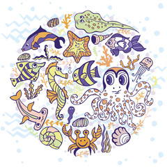 Cartoon Funny Fish, Sea Life circle background.Pastel colors