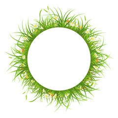 Round frame with green grass and flowers on white background