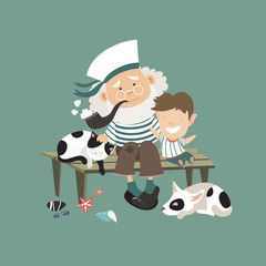 Old sailor sitting on bench with grandson