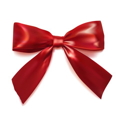 Realistic red bow with shadow on a white background. Silk ribbon