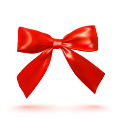 Realistic bright red bow on a white background. Silk ribbon. Vec