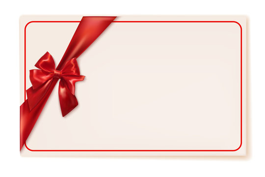 Gift card with red ribbon and bow on a white background. Vector