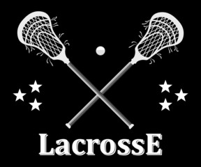 Crossed lacrosse stick and ball on a black background. Vector il