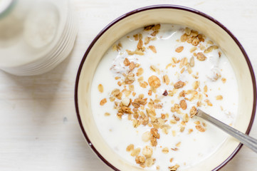 Muesli with yoghurt view from above