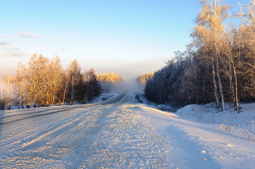 Fog on the road in winter