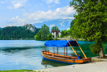 Fototapeta na wymiar Boat on Lake Bled, Slovenia, Europe