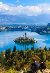 small island with church in lake Bled, Slovenia.