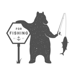 Vintage Illustration of Funny Bear with Sign Fishing