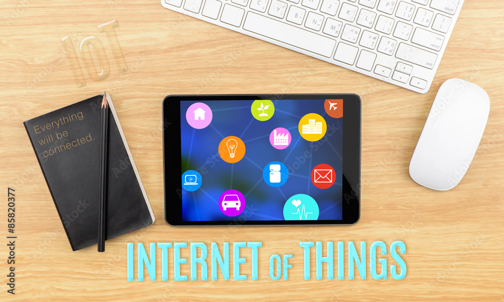 Poster Tablet, notebook and keyboard on wooden desk with icon about Int