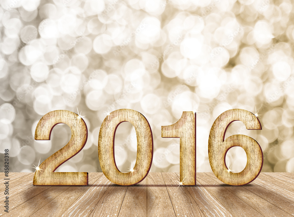 Aufkleber 2016 year wood number in perspective room with sparkling bokeh w
