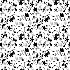 Fototapeta na wymiar Vector Black White Swirl Floral Texture Seamless Pattern