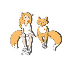 The lover of foxes and the girl in a suit of a fox sit on a bench.