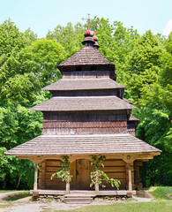 Middle ages orthodox woode church in outdoors museum of wooden a