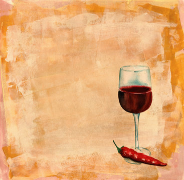A glass of red wine with a red hot chili pepper