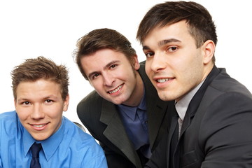 Three business young people looking on you