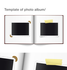 Photo album with taped photo frame on white background. Vector illustration