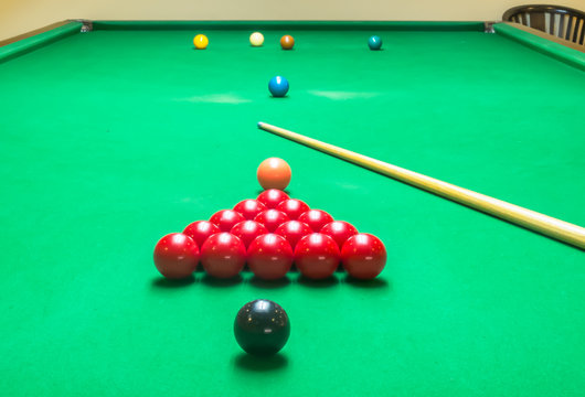 Opening Frame Of Snooker Game With Cue