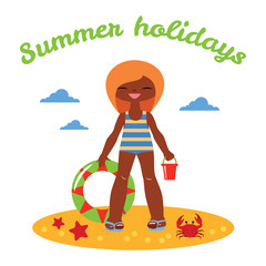 Vector illustration of the happy little girl at the seaside