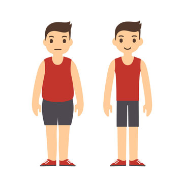 Cute cartoon man in sport clothes with two body types: overweight and slim. Weight loss before and after illustration.