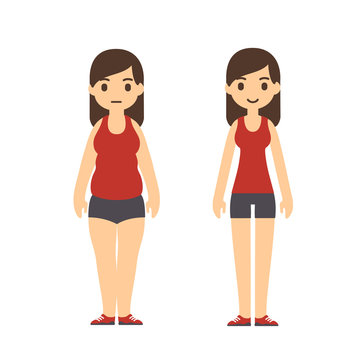 Cute cartoon woman in sport clothes with two body types: chubby and slim. Weight loss before and after illustration.