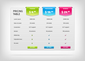 Colorful comparison pricing table template