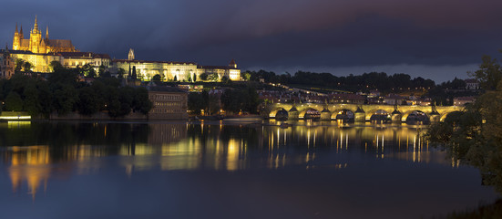 View of the Charles Bridge and Castle in Prague at night.