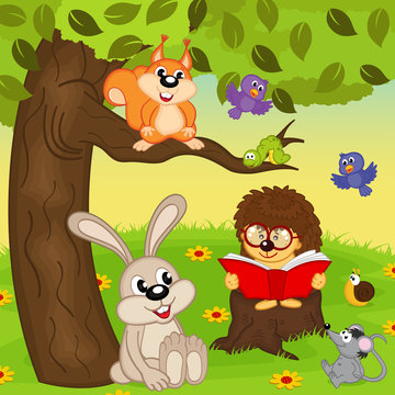 hedgehog reading book for animals - vector illustration, eps