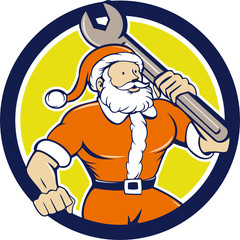 Santa Claus Mechanic Spanner Circle Cartoon