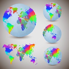 Set of the world globes. World map. Low poly vector illustration.