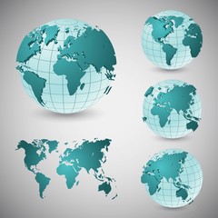 Set of wireframe world globes