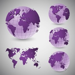 Set of wireframe world globes